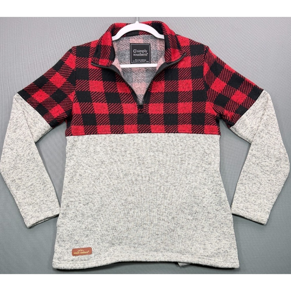 Simply Southern Womens Small 1/4 Zip Pullover Buffalo Plaid Gray Colorblock